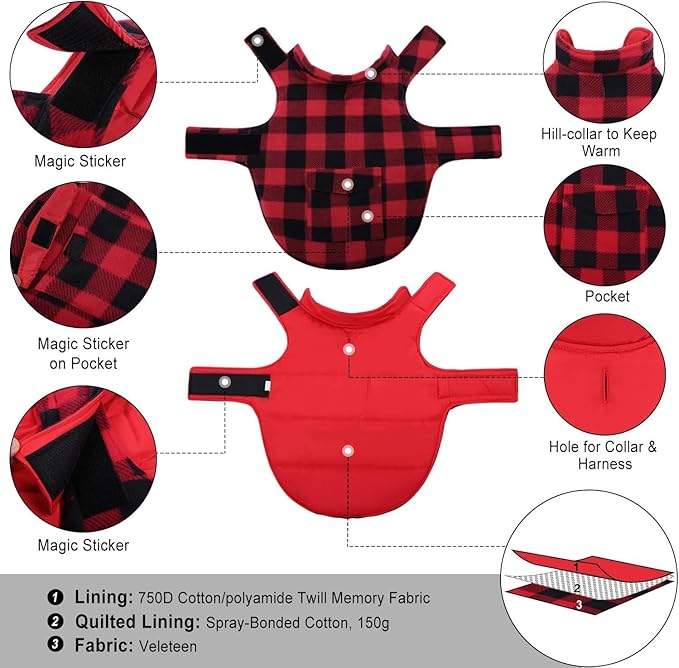 ASENKU Dog Winter Coat, Fleece Doggie Jacket Plaid Reversible Vest Waterproof Windproof Cold Weather Clothes for Small Medium Large Dogs(L,Red)