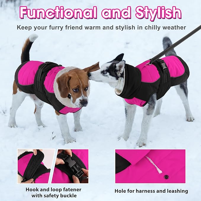 Dogcheer Waterproof Dog Coat, Christmas Dog Winter Jacket, Adjustable Puppy Fleece Coat for Cold Weather, Reflective Turtleneck Snow Jacket for Small Medium Large Dogs - Pink, 2XL