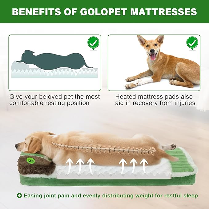 Heated Dog Bed 32x20x2 in,Equipped with MET/UL Dual Certified Heating Pad and Intelligent Controller,Thickened Memory Sponge+100% Plush Heated Pet Bed,Indoor Puppy Bed with Side Pillows