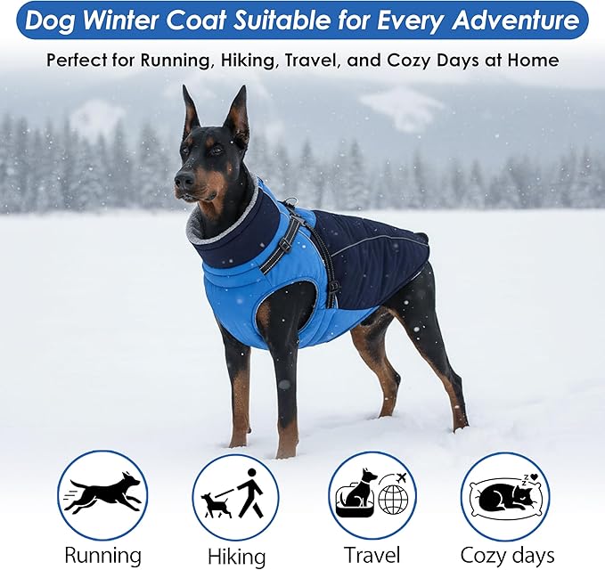 ASENKU Reflective Dog Coat with Built-in Harness, Windproof Fleece-Lined Dog Jacket for Small, Medium, Large Dogs, Warm Winter Vest with Turtleneck & Zipper (Navyblue 2XL)