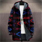 Mens Aztec Print Hoodie Heavyweight Cotton Fleece Jacket Zip Up Warm Long Sleeve Hooded Winter Midi Coat