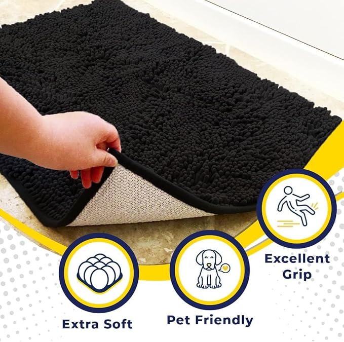 Muddy Mat® AS-SEEN-ON-TV Highly Absorbent Microfiber Door Mat and Pet Rug, Non Slip Thick Washable Area and Bath Mat Soft Chenille for Kitchen Bathroom Bedroom Indoor and Outdoor - Black XL 59"X35"