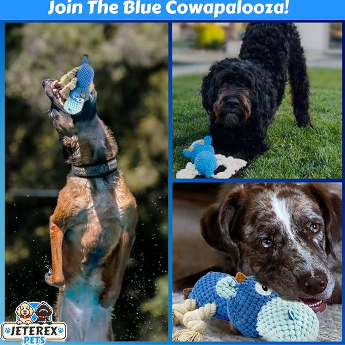 Large Dog Toy - Blue Cow Squeaky Dog Toys for Large Dogs, Medium and Small Dogs. Interactive with Pineapple Plush Fabric, Rope Legs, Hidden Seams, Crinkle Paper, Embroidered Eyes