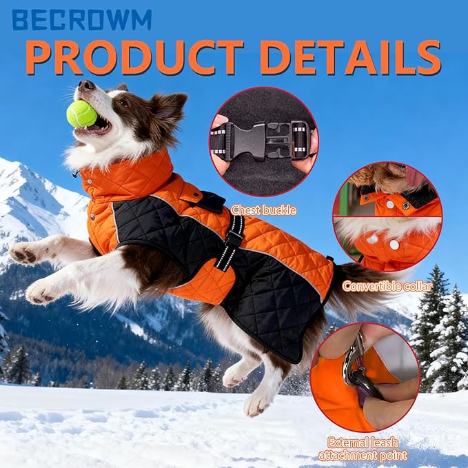 Dog Coat Dogs Winter Coat- Fleece Lined,Water-Resistant,Convertible Collar,Back Reflective Strip&Easy to Wear for Outdoor Walking Dog-Jacket(Orange, Medium)