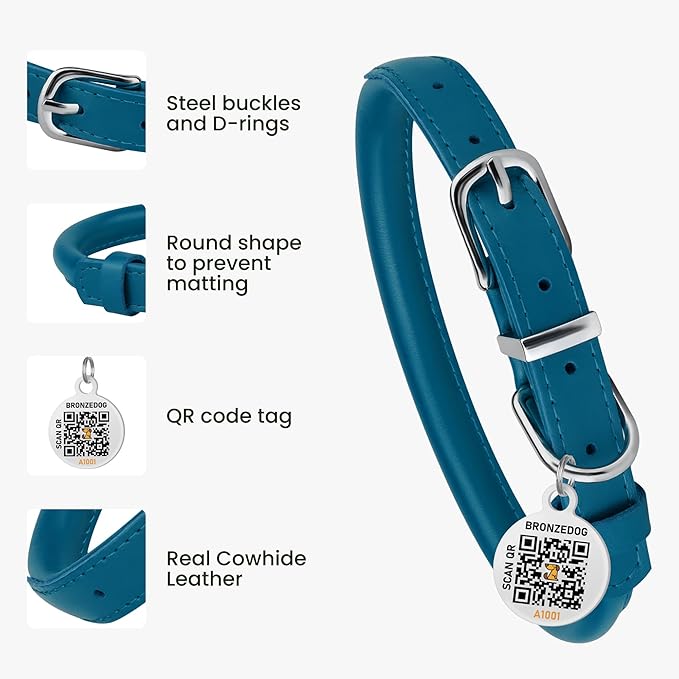 BRONZEDOG Rolled Leather Dog Collar for Small Medium Large Dogs with QR ID Tag (S: 12-14 Inch, Ocean Blue)