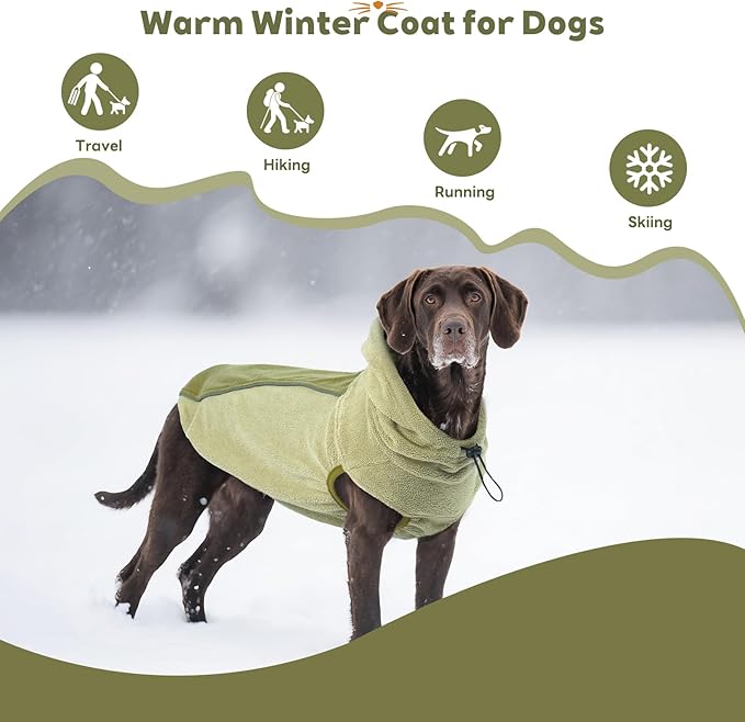 IECOii Fleece Dog Sweater for Large Dogs, Large Dog Sweater Sleeveless with Leash Hole and Reflective Strips, Fall Winter Turtleneck Hoodie Vest Lightweight & Stretchy Fit for Active Dogs, Green, XL
