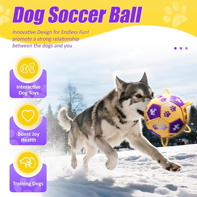 Size 3 Dog Soccer Ball with Straps Durable Training Ball for Pets Interactive Outdoor Dog Toy,Yellow & Purple, Paw and Puppy Design, for Medium & Large Puppie