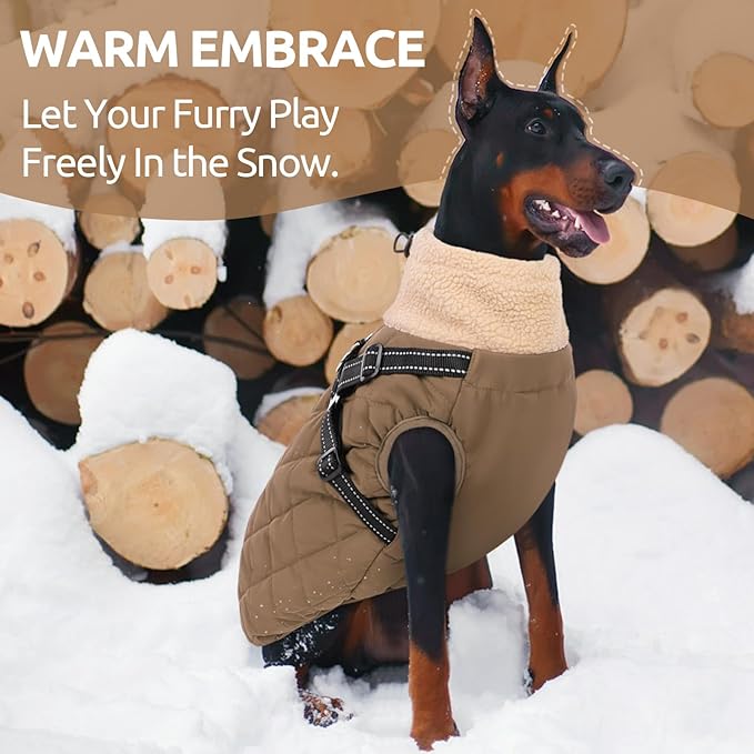 Queenmore Dog Coats for Large Dogs, Dog Jacket, Warm Fleece Winter DogCoat with Harness Built in, Back Zipper Pet Jacket for Large Breeds, Thick Fleece Lining Pet Snowsuit, Brown 2XL