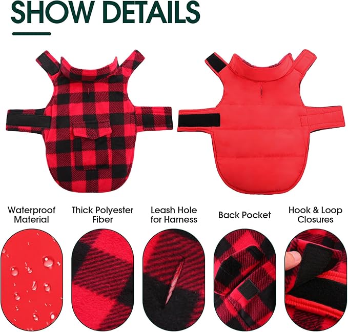 Kuoser Dog Winter Coat, Windproof Dog Fleece Jacket British Style Plaid Cold Weather Doggie Vest Coats, Reversible Cozy Warm Pet Clothes Apparel for Medium Dogs M