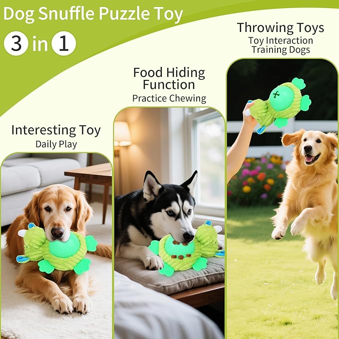 Interactive Dog Toys, Plush Dog Toy with Treat Dispensing Ball, Squeaky Dog Toy with Cute Plastic Paws for Playing,Slow Eat Hiding Food Enrichment Toy for Small & Medium Breeds(Green)