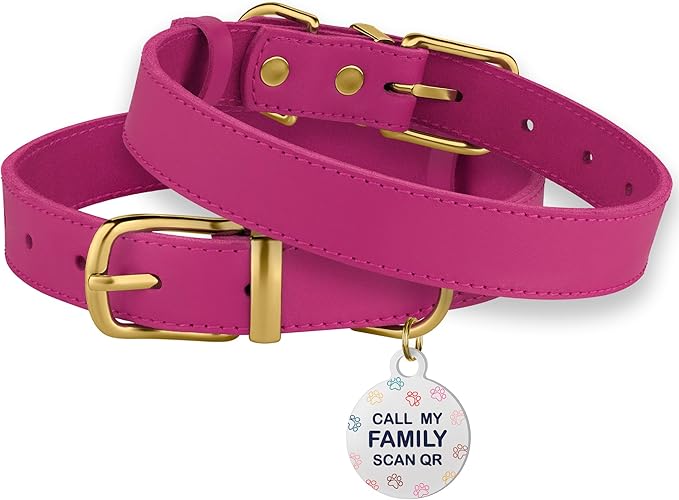 BRONZEDOG Leather Dog Collar with QR ID Tag Basic Pet Collars for Small Mini Dogs Cats Puppies (7-9 Inch (Pack of 1), Pink & Gold Buckle)