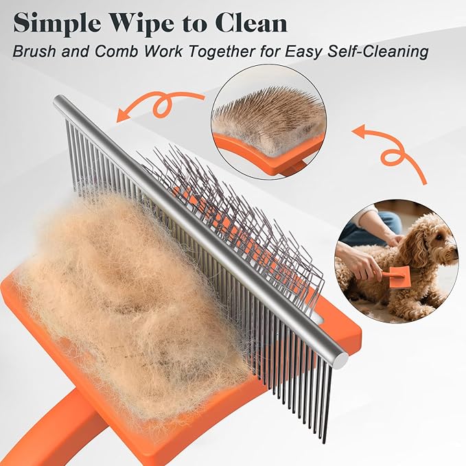 2PCS Slicker Brush for Dogs & Pet Comb,Professional Dog Grooming Brush (Goldendoodles,Poodles,Labradoodles) with Extra Long Pins to Effectively Remove Tangles, Knots and Mats (Orange Large)