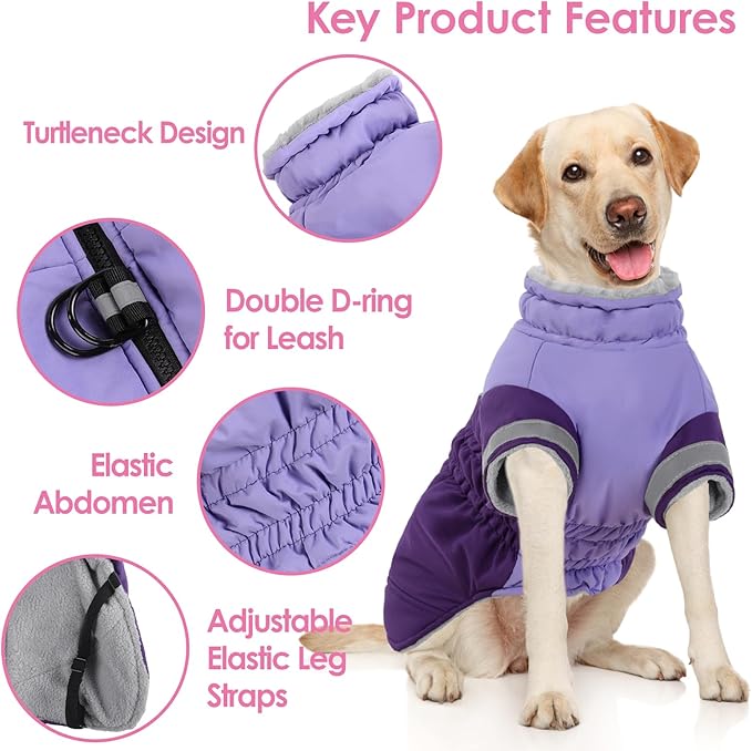 AOFITEE Dog Coat - Two Legged Medium Dog Winter Jacket - Zip Up Dogs Cold Weather Coat with Harness, Warm Pet Puffer Jackets Reflective Pet Snow Coats for Pug, Jack Russell, Boston Terrier, Purple M