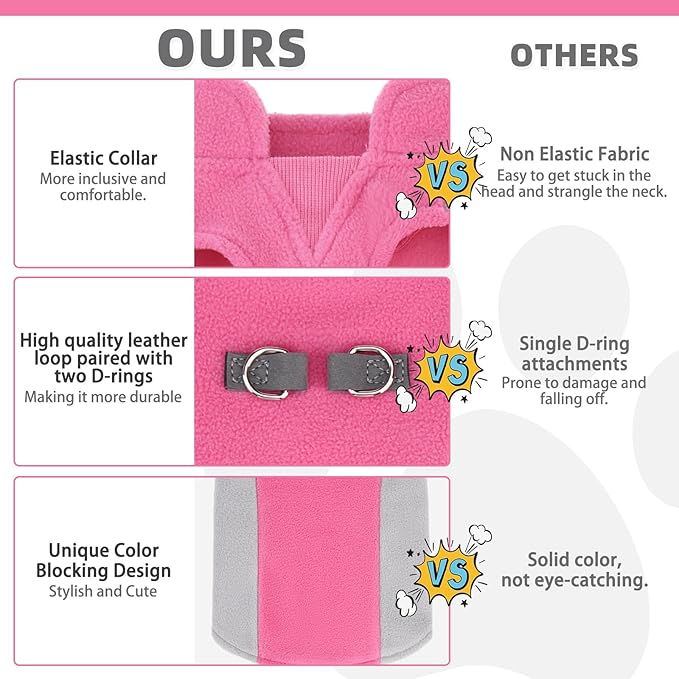 KOOLTAIL Small Dog Sweater - Dog Fleece Vest Jacket with Leash D-Ring for Small Medium Dogs, Soft Pullover Winter Warm Cold Weather Coats, Pet Fall Clothes Outfit for Puppy Cat Boys & Girls, Pink S