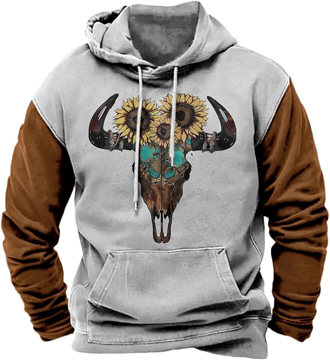 HOTYD Mens Western Aztec Sweatshirts Long Sleeve Fall Fashion Drawstring Pullover Vintage Graphic Cowboy Hoodie for Men