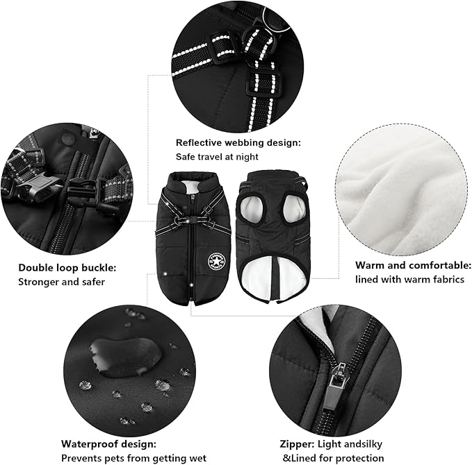 Aiboria Dog Coat for Winter Waterproof Dogs Jackets Windproof Fleece Small Dog Vest Harness Winter Padded Pet Black XL