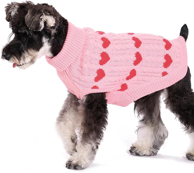 KOOLTAIL Cable Knit Dog Sweater Turtleneck, Cold Weather Pullover Classic Knitwear, Snowflake Pattern Thick Warm Winter Pet Clothes,Dog Christmas Sweater for Small Medium Large Dogs,Pink Heart L