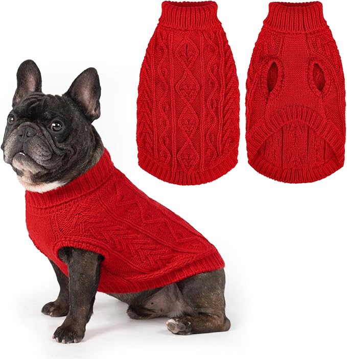 PUPTECK Dog Sweater, Turtleneck Warm Knitted Pullover Coat, Thick Cable Knitwear Clothes in Winter, Pet Apparel Outfits for Small Medium Dogs, for Cold Weather Indoor & Outdoor, Red SM