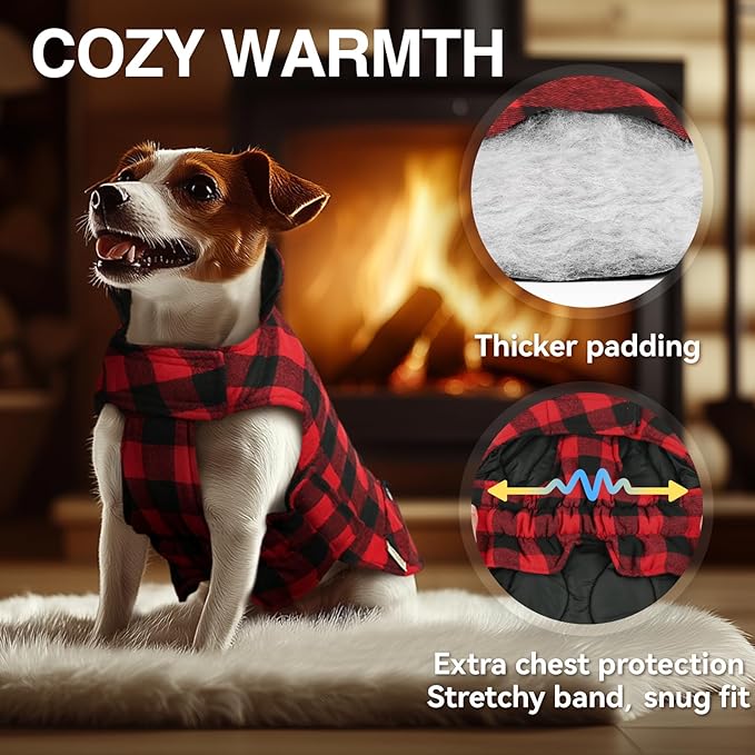 VIVAGLORY Softjoy Dog Coat, Dog Jacket for Winter & Christmas, Coat with Harness Hole & Velcro Closure, Reversible Plaid Checkered Warm Fluffy Heavy Duty for Puppy, L, Red Black