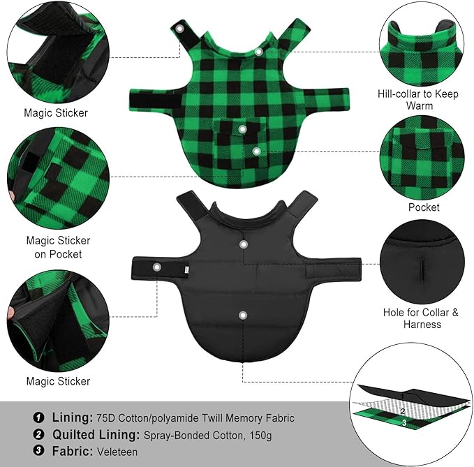 ASENKU Dog Winter Coat, Fleece Doggie Jacket Plaid Reversible Vest Waterproof Windproof Cold Weather Clothes for Small Medium Large Dogs (XXL, Green)
