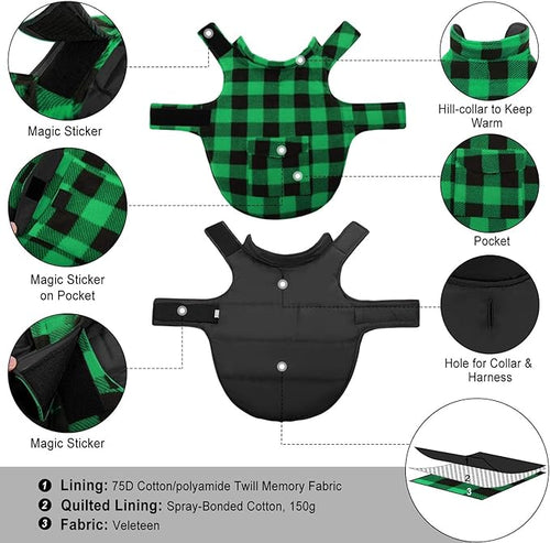ASENKU Dog Winter Coat, Fleece Doggie Jacket Plaid Reversible Vest Waterproof Windproof Cold Weather Clothes for Small Medium Large Dogs (XS, Green)