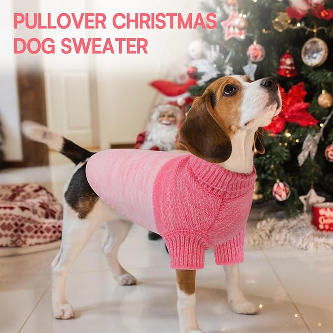 Queenmore Knitted Pullover Dog Sweater,Turtleneck Pet Cat Sweater, Cold Weather Puppy Clothes Stitching Knitwear with Leash Hole for Small Medium Dogs(Pink,M)