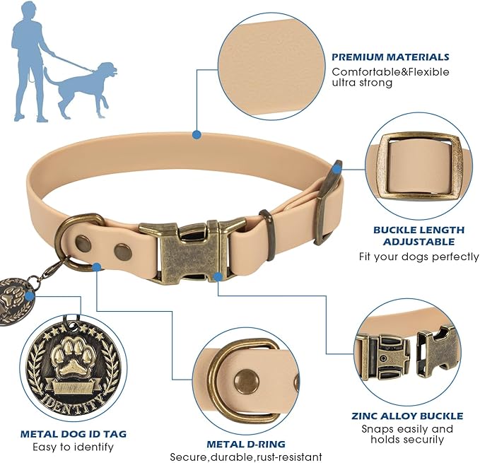 Wisedog Dog Collar and Leash Set, Waterproof Adjustable Puppy Collars with Cute Tag 6FT Dog Leash with Poop Bag for Small Medium Large Dogs (S, Sand Color)