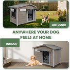 30''L Dog House Outdoor Indoor, Wooden Dog Houses with Waterproof Roof, Door Curtain, Anti-Chewing Frame, Elevated Doghouse Shelter Bed Kennel with Window, Removable Floor