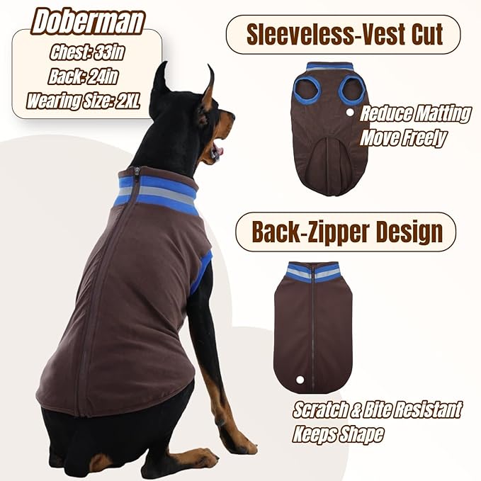Winter Warm Turtleneck Fleece Vest Dog Sweater, Ultra-Soft & Snug-Fit Puppy Coat for Large Dogs with Back-Zipper, Thermal Doggie Vests Sweatshirt with Reflective Strip, Pet Clothes Male Girl(Brown, L)