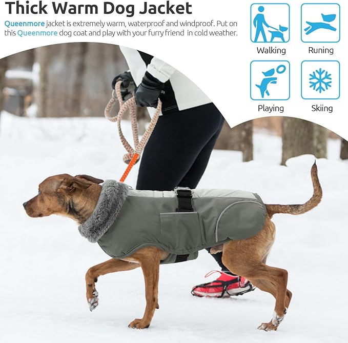 Queenmore Dog Winter Jacket, Fleece Dogs Vest for Winter, Dog Cold Weather Coats, Puppy Coats for Medium Breeds Waterproof, Pet Snowsuit with Leash Hole, Grey, M