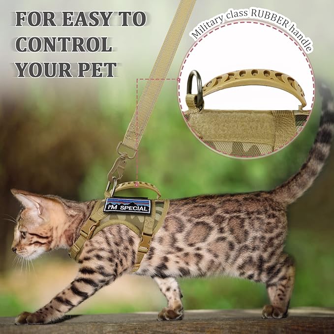 Tactical Cat Harness and Leash for Walking Esacpe Proof,Adjustable Soft Mesh Large Cat Vest with Rubber Handle Easy to Control,Molle Patches