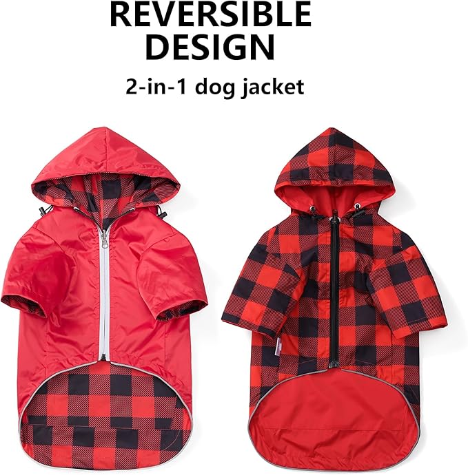 Dog Raincoat Dogs Waterproof Reversible rain Jacket Dog Small Medium Breeds Reflective Zipper Storage Pocket Harness Hole - Red - S