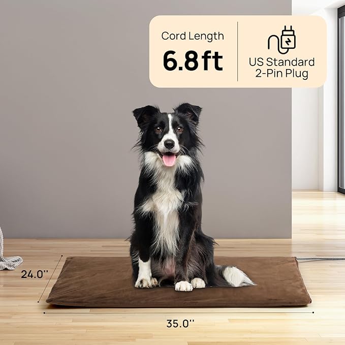 TURBRO 35x24” Large Pet Heating Pad, Electric Heated Dog Bed for Large Breeds, Air Valve Design, Anti-Bite Cord, Ultra-Soft and Anti-Slip Cover, Outdoor and Indoor Use, UL Test Passed, Brown