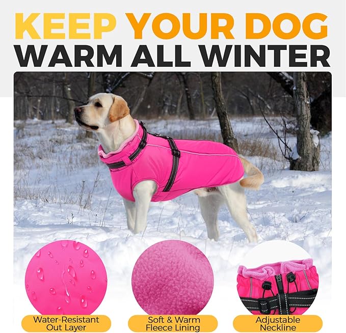 Lelepet Dog Winter Coat Waterproof Dog Jacket with Harness Built in Windproof Reflective Pet Coats for Small Medium Large Dogs, Thermal Fleece Lined Coats for Cold Weather Walking Hiking, Rose Red, XL