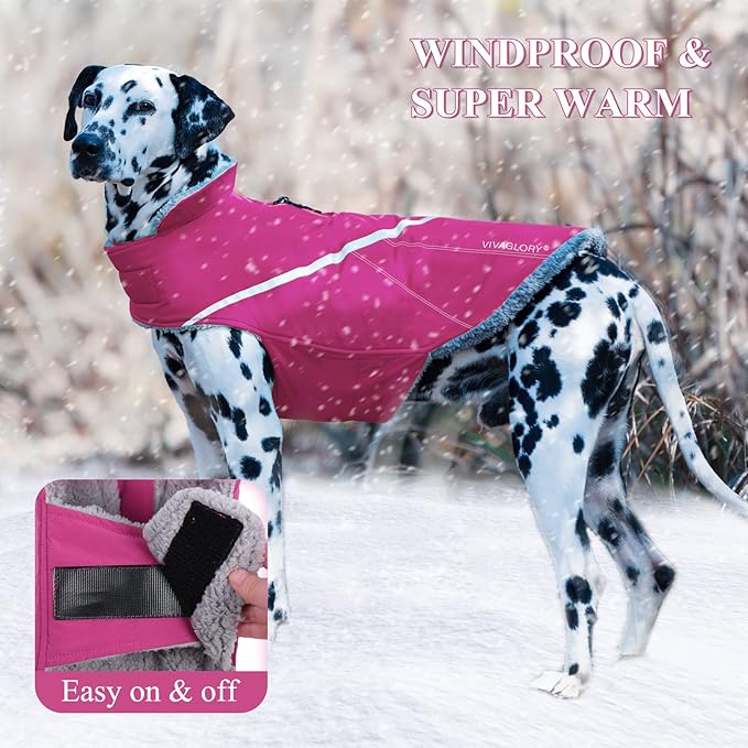 VIVAGLORY Snowrap Dog Coat, Jacket with Harness Hole & Velcro Closure, Dog Coat for Winter & Cold Weather, Fluffy Warm Fleece Lined Reflective Water Resistant for Puppy, XL, Fuchsia