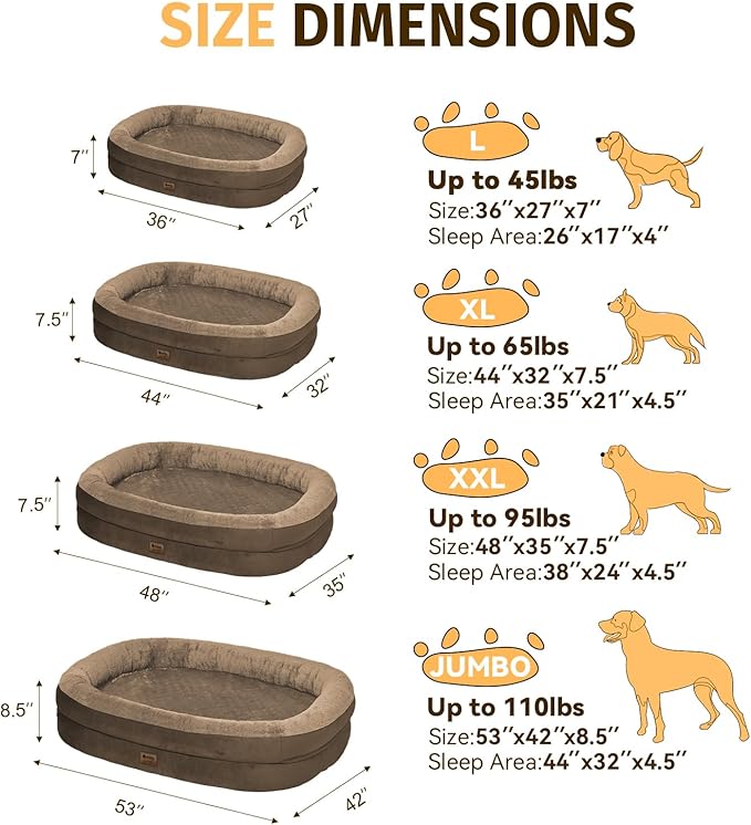 Orthopedic Waterproof Large Dog Bed: Memory Foam Washable Dog Bed with Bolsters - Removable Orthopedic Cover for Medium L XL Large Sized Pet - Non-Slip Bottom - Coffee