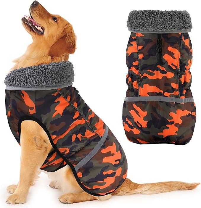 Dogcheer Warm Dog Coat, Waterproof Dog Jacket Christmas Puppy Winter Coat with Buckle, Reflective Adjustable Pet Snow Jacket Turtleneck Fleece Sweater for Small Medium Large Dogs - Orange Camo, S