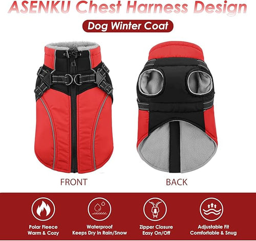 ASENKU Reflective Dog Coat with Built-in Harness, Windproof Fleece-Lined Dog Jacket for Small, Medium, Large Dogs, Warm Winter Vest with Turtleneck & Zipper (Red M)