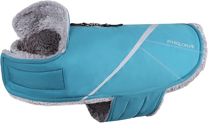 VIVAGLORY Snowrap Dog Coat, Jacket with Harness Hole & Velcro Closure, Dog Coat for Winter & Cold Weather, Fluffy Warm Fleece Lined Reflective Water Resistant for Puppy, S, Turquoise
