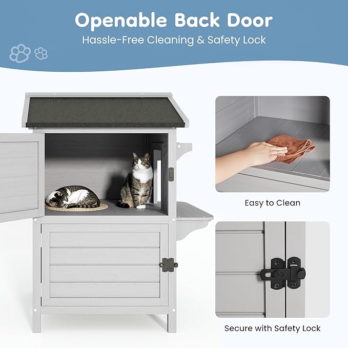 Outdoor Cat House, 2-Story Feral Cat Shelter with Weatherproof Roof for Winter, Weatherproof Wooden Cats House with Escape Doors