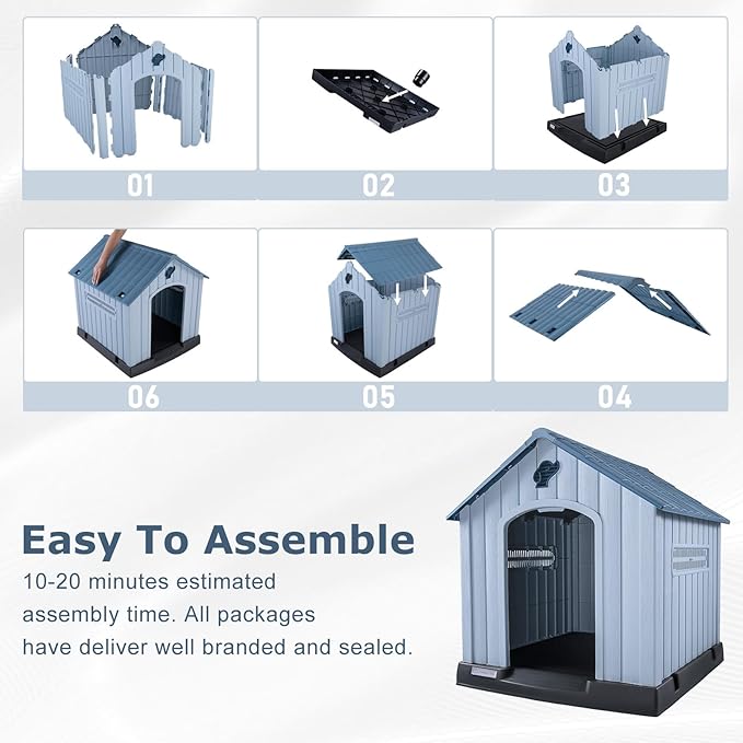 LEMBERI Large Plastic Dog House for Medium Large Dogs, Durable Waterproof Indoor Outdoor Doghouse with Air Vents and Elevated Floor, Easy to Assemble (Blue, 33.5" L x 31.5" W x 33.9" H)