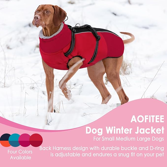 AOFITEE Dog Coat, Warm Dog Jacket with Harness Built-in, Waterproof Medium Dogs Cold Weather Coat with Zipper, Reflective Fleece Lined Pet Snow Jackets for Pug, Jack Russell, Boston Terrier, Red M