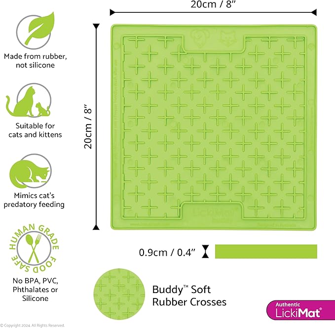 LickiMat Classic Buddy, Cat Slow Feeder Lick Mat, Boredom Anxiety Reducer; Perfect for Food, Treats, Yogurt, or Peanut Butter. Fun Alternative to a Slow Feed Cat Bowl or Dish, Green
