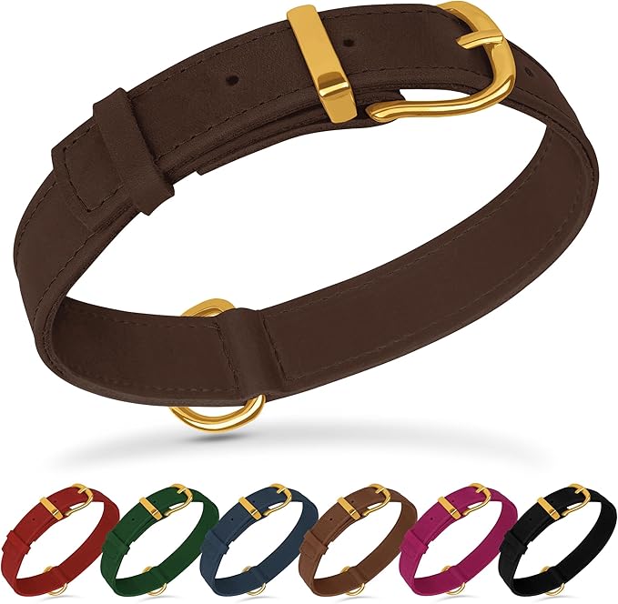 Leather Dog Collar - Heavy Duty Adjustable Soft Padded Pet Collars for Small Medium Large Dogs Breed - Black Green Brown Pink Red Blue (Brown, M, 12"-15" Neck Fit)