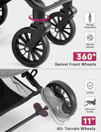 Dog Stroller for Small Medium Dogs Up to 60lbs, 4 Wheels Folding Pet Stroller with Detachable Carrier, Pet Travel Carrier for 2 Dogs & Cats, Storage Basket, Breathable, Grey