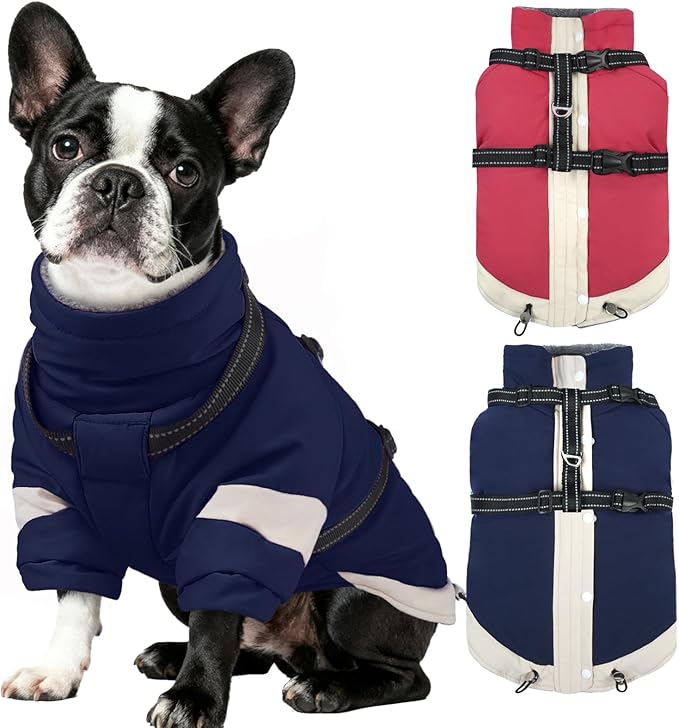 MIGOHI Dog Coat with Harness Built in, 2-in-1 Windproof Dog Jacket, Thermal Fleece Lined Coat with Reflective Strips for Medium Dogs, Zip Up Closure, French Bulldog, Navy Blue, M