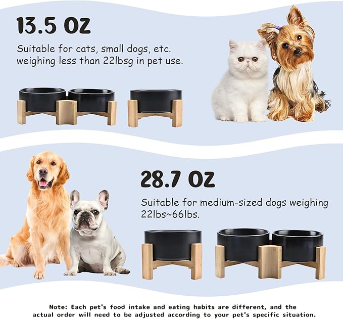 SPUNKYJUNKY 15° Slanted Ceramic Dog and Cat Bowl with Wooden Stand, Tilted Bulldog Food and Water Bowl No Slip Non-Spill for Cats Medium Dogs Big Face Pets 28.7 OZ (3.6 Cups, Black × 2)