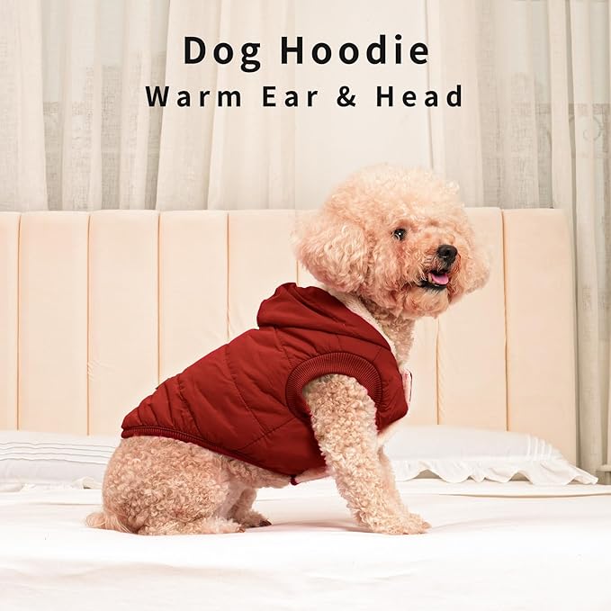 Fleece Lining Extra Warm Dog Hoodie in Winter,Small Dog Jacket Puppy Coats with Hooded,Red S
