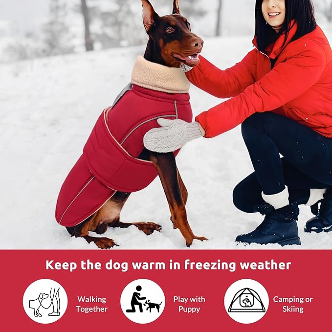 ASENKU Warm Dog Coat, Waterproof Dog Jackets for Large Dogs with Reflective Fleece Vest Turtleneck with Button,Windproof Cold Weather Coats for Small Medium Large Dogs, Dark Red, 3XL