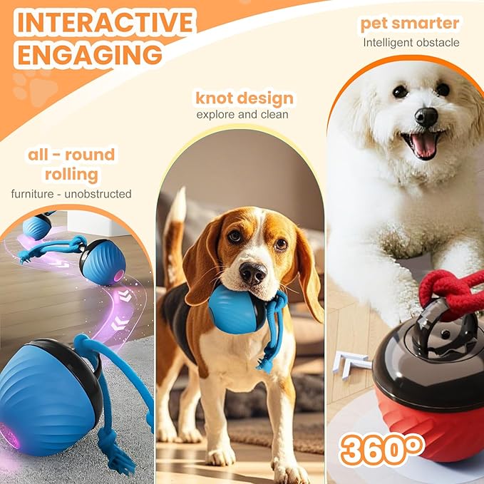 Interactive Dog Toys Ball, 2026 New Smart Pet Puppy Ball with Ropes, Random Path Electric Automatic Moving and Rolling Dogs Toy, for Small Medium Large Dogs Daily Training (Blue+Red)